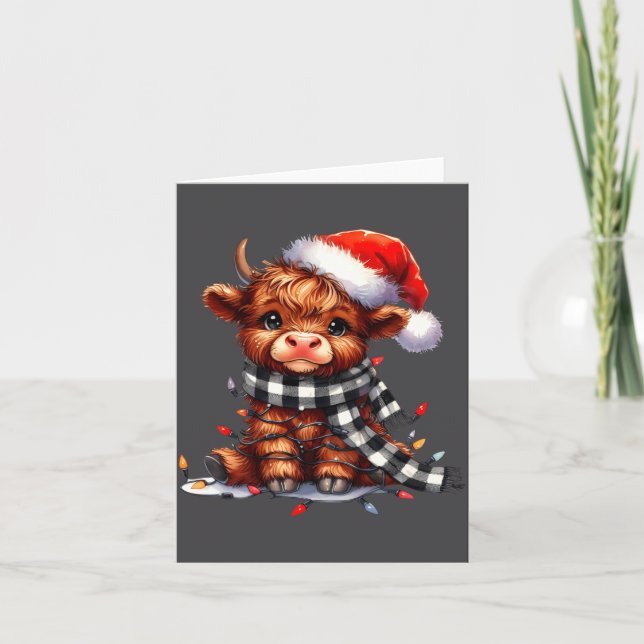 Cute Highland Cow Christmas Lights Santa Hat Winte Karte (Vorderseite)