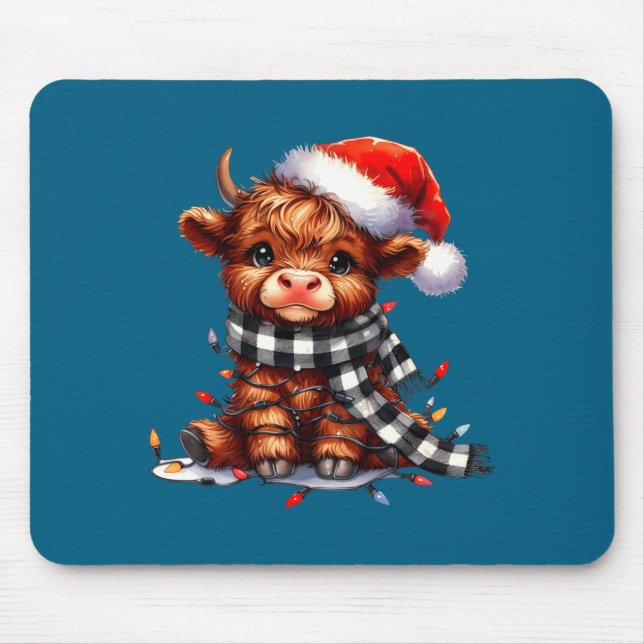 Cute Highland Cow Christmas Lights Santa Hat Winte Mousepad (Vorne)