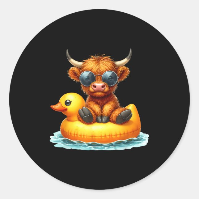 Cute Highland Cow Duck Ol Float Summer Vibes Swimm Runder Aufkleber (Vorderseite)