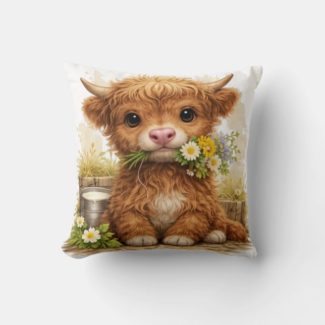 Cute Highland Cow Flower Pillow Kawaii Farm Decor Kissen (Vorderseite)