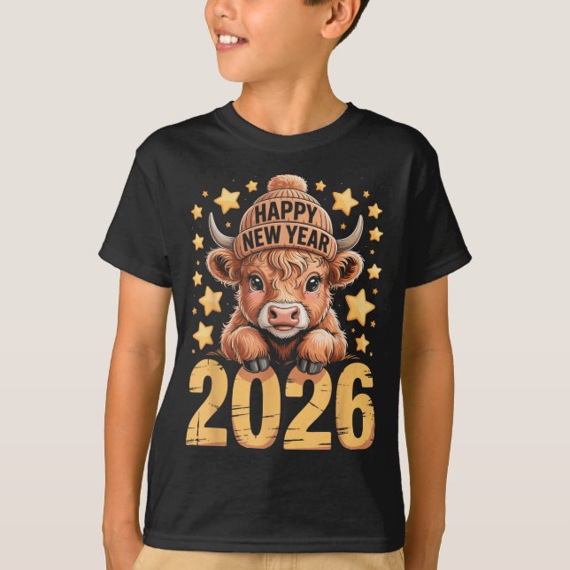 Cute Highland Cow Happy New Year 2026 Tee Funny An (Vorderseite)