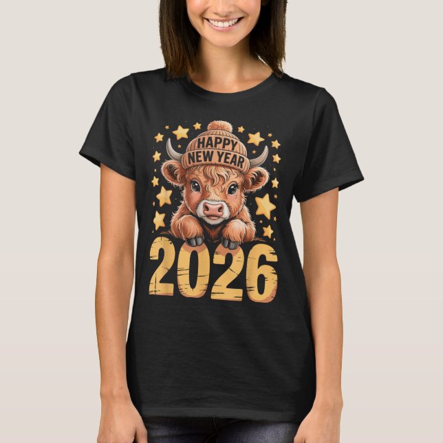 Cute Highland Cow Happy New Year 2026 Tee Funny An (Vorderseite)