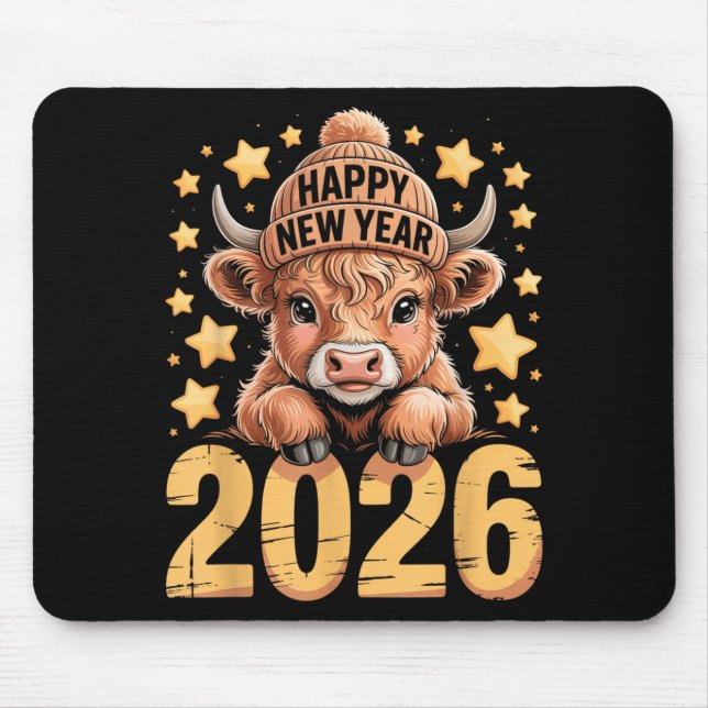 Cute Highland Cow Happy New Year 2026 Tee Funny An Mousepad (Vorne)