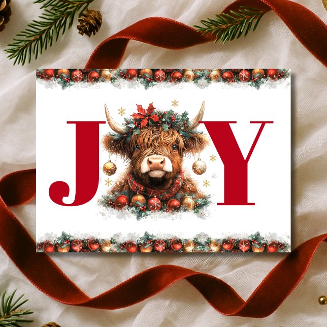 Cute Highland Cow Joy Christmas Feiertagskarte (Von Creator hochgeladen)