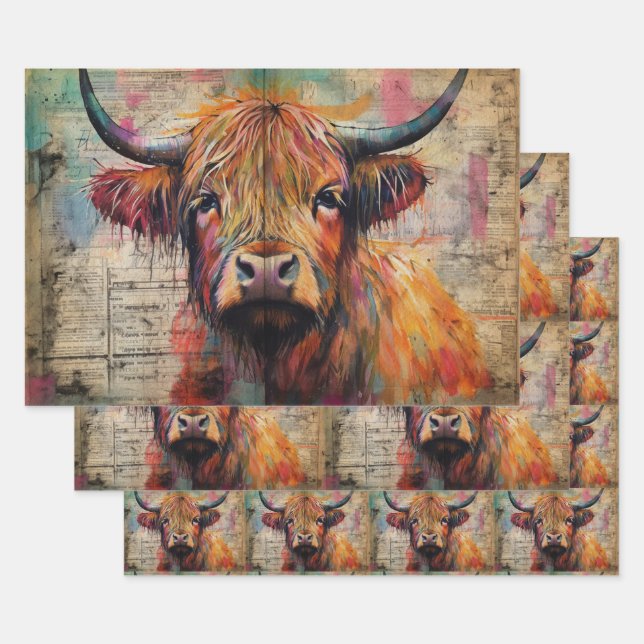 Cute Highland Cow Portrait Ephemera Geschenkpapier Set (Set)