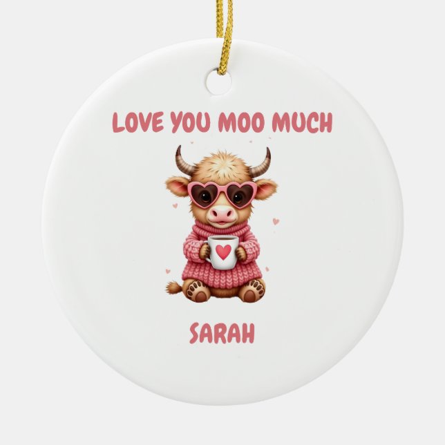 Cute Highland Cow Valentine Heart Glasses Coffee m Keramik Ornament (Vorne)