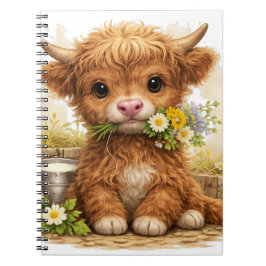 Cute Highland Cow with Flowers Kawaii Farm Cottage Notizblock