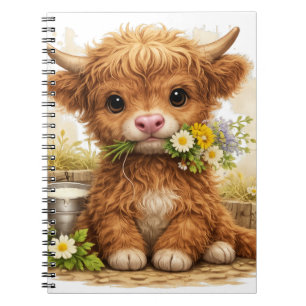 Cute Highland Cow with Flowers Kawaii Farm Cottage Notizblock