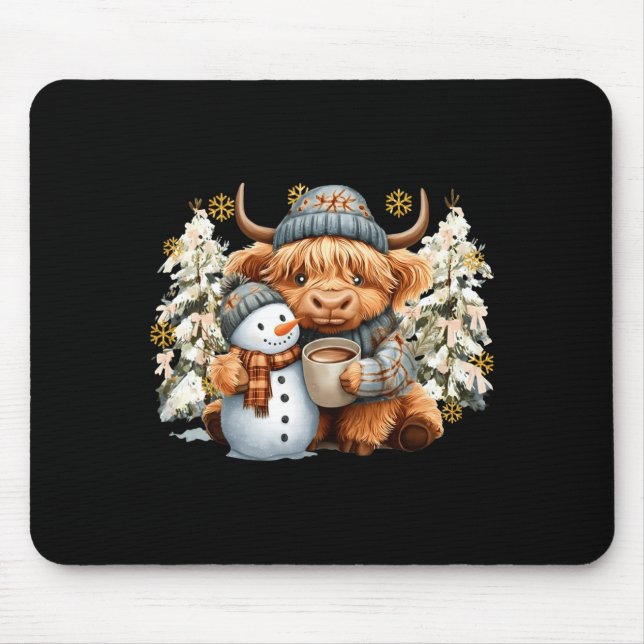 Cute Highland Cow With Snowman Hot Cocoa Christmas Mousepad (Vorne)