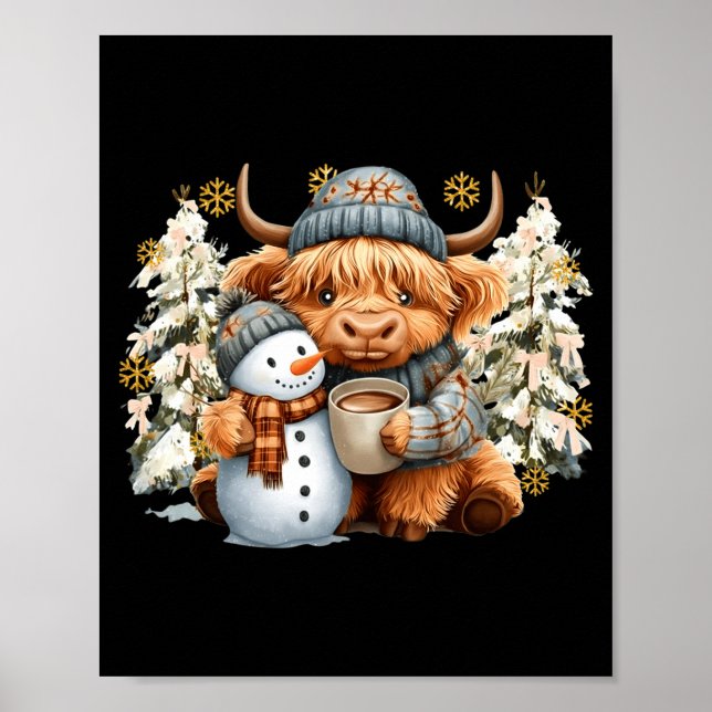Cute Highland Cow With Snowman Hot Cocoa Christmas Poster (Vorne)
