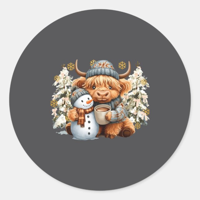 Cute Highland Cow With Snowman Hot Cocoa Christmas Runder Aufkleber (Vorderseite)