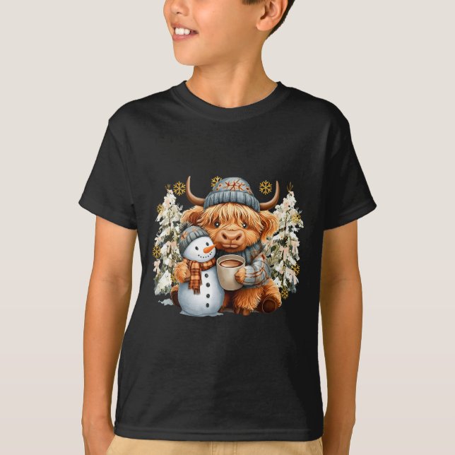 Cute Highland Cow With Snowman Hot Cocoa Christmas T-Shirt (Vorderseite)