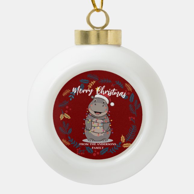 Cute Hippo christmas tree zoo animal Xmas Wealth f Keramik Kugel-Ornament (Vorderseite)