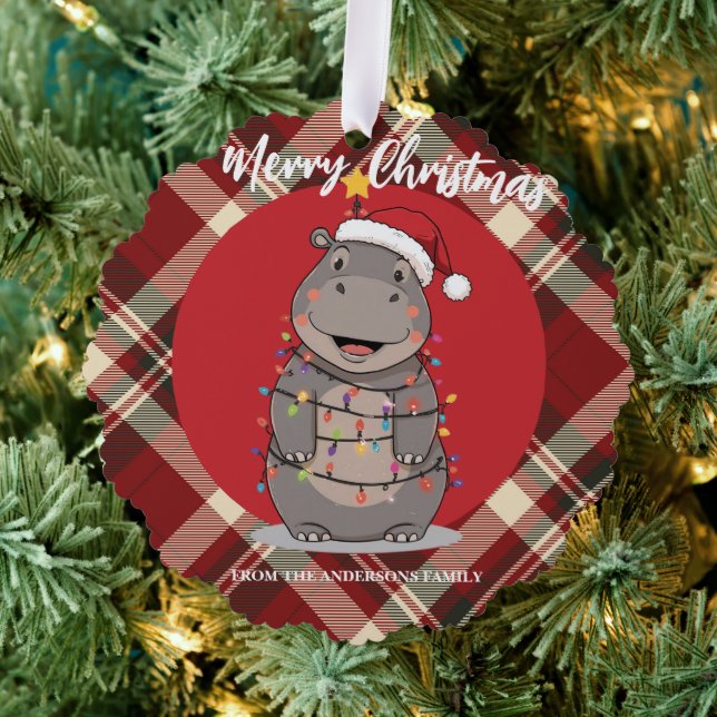 Cute Hippo Christmas tree zoo safari Xmas plaid pa Ornament Karte (Insitu (Baum))