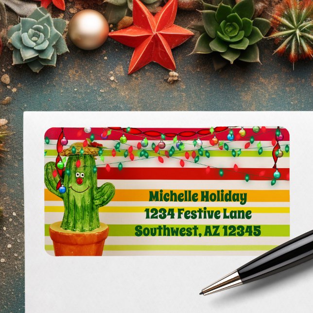 Cute Holiday Cactus Southwestern Christmas Address Adressaufkleber (Cute Holiday Cactus Southwestern Christmas Address Label)
