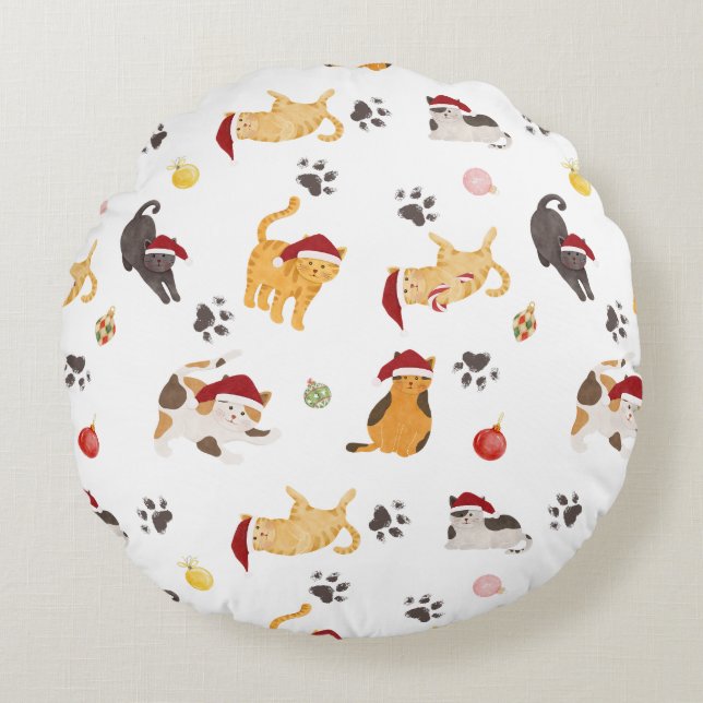 Cute Holiday Cat Pattern Rundes Kissen (Vorderseite)