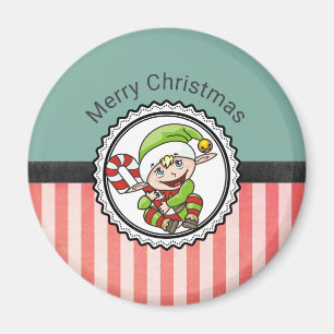 Cute Holiday Elf with Candy Cane Merry Christmas Magnet