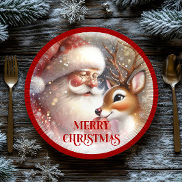 Cute Holiday Plates with Cartoon Santa and Rudolph Pappteller