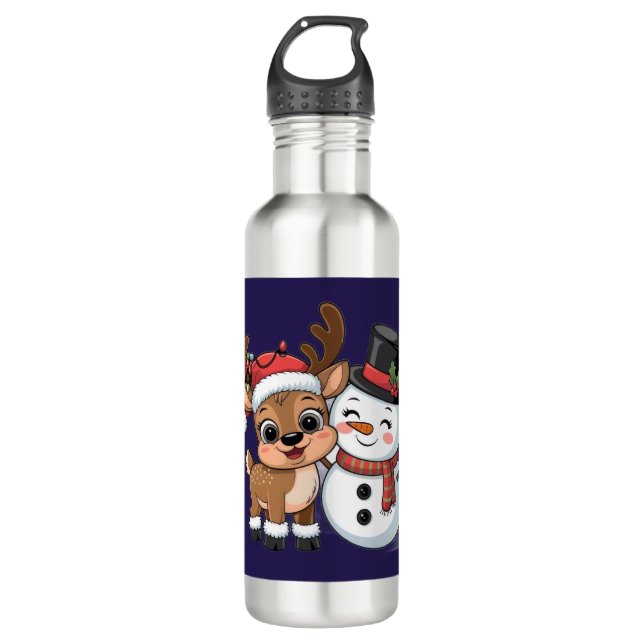 Cute Holiday Reindeer & Snowman Edelstahlflasche (Vorderseite)