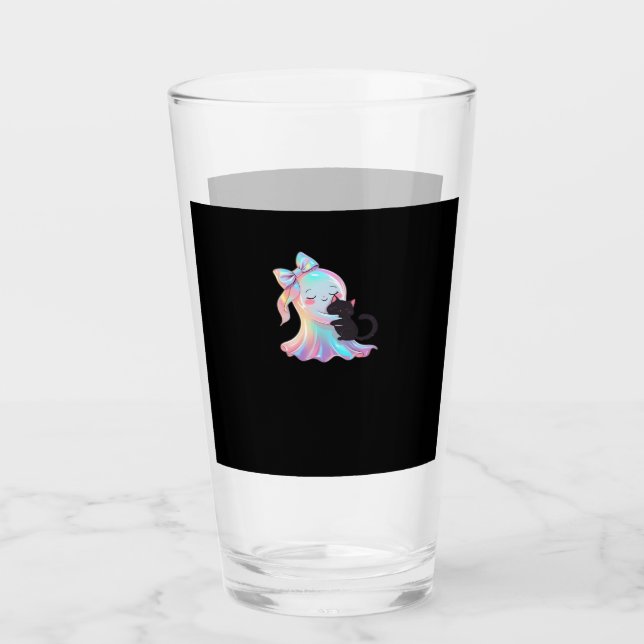 Cute Holographic Ghost Hugging Black Cat Cozy Girl Glas (Vorderseite)