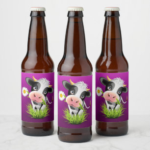 Cute Holstein cow in grass over purple Bierflaschenetikett