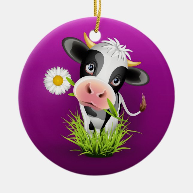 Cute Holstein cow in grass over purple Keramik Ornament (Vorne)