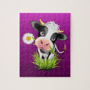 Cute Holstein cow in grass over purple Puzzle