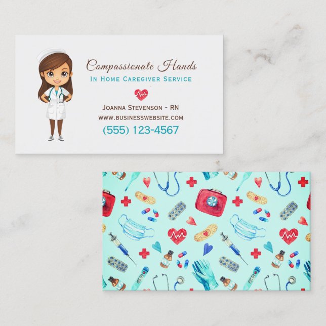 Cute Home Health Care Nurse Service Business Card Visitenkarte (Vorne/Hinten)