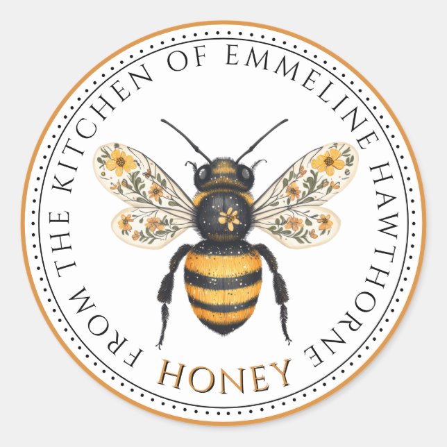 Cute Honey Bee Floral Honey Label Runder Aufkleber (Vorderseite)