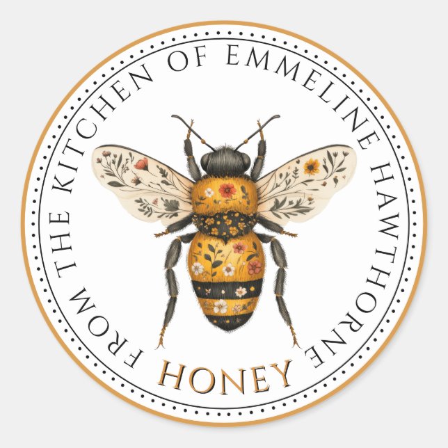 Cute Honey Bee Floral Honey Label Runder Aufkleber (Vorderseite)