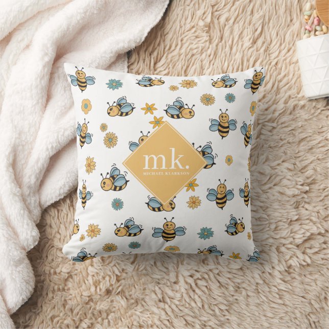 Cute Honey Bees & Floral Wildflowers Monogram Kissen (Decke)