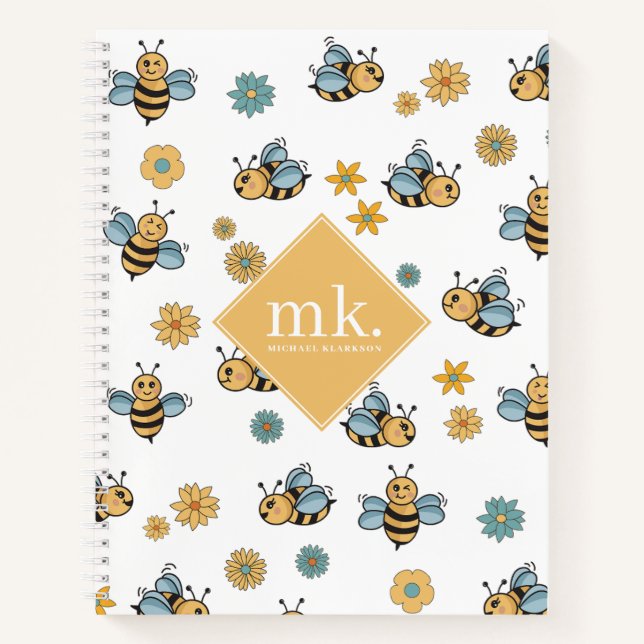 Cute Honey Bees & Floral Wildflowers Monogram Notizbuch (Vorderseite)