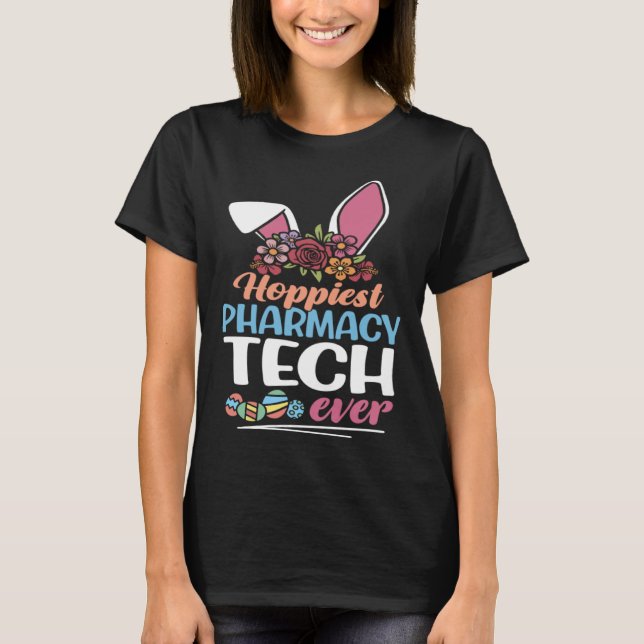 Cute Hoppiest Pharmacy Tech Ever Bunny Ear Red Pla T-Shirt (Vorderseite)