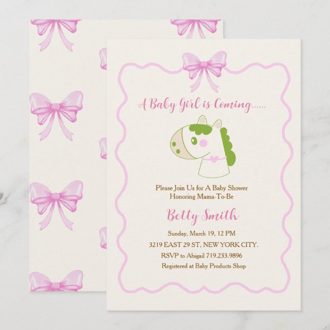 Cute Horse Pink Bow Personalized Girl Baby Shower  Einladung (Vorne/Hinten)