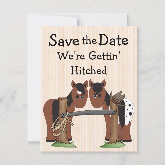 Cute Horses We're Getting Hitched Wedding Save The Date (Vorderseite)