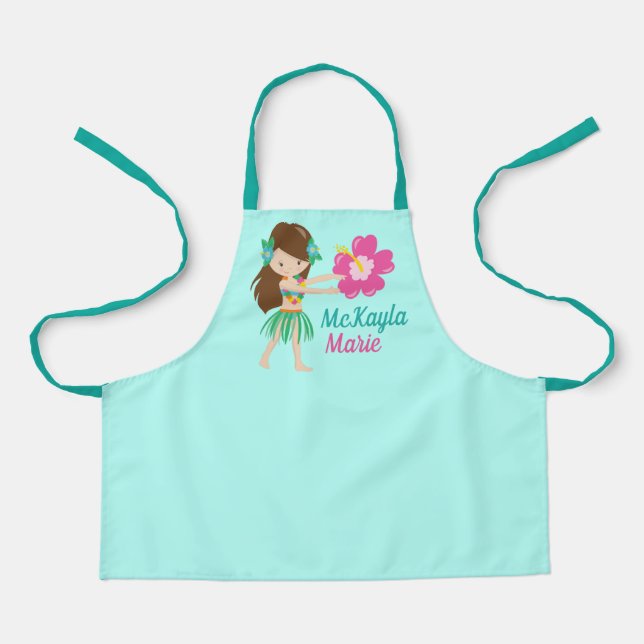 Cute Hula Dancer Hawaiian Girl Teal Monogram Schürze (Vorderseite)