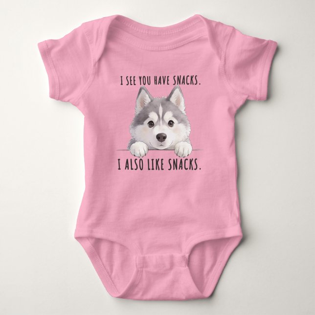 Cute Husky Dog Snacks Quote Funny Minimalist Baby Strampler (Vorderseite)