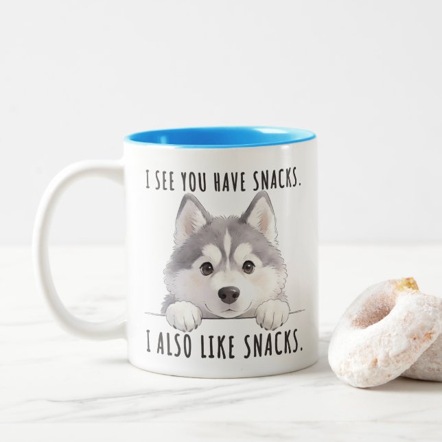 Cute Husky Dog Snacks Quote Funny Minimalist Zweifarbige Tasse (Mit Donut)