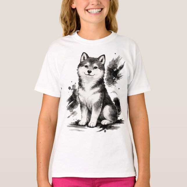 【Cute Husky Japanese Ink Art Girls T-Shirt】 T-Shirt (Vorderseite)