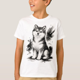 【Cute Husky Japanese Ink Art Kids T-Shirt】 T-Shirt