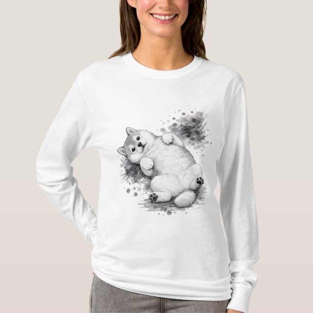 【Cute Husky Puppy Ink Art Long Sleeve T-Shirt】 T-Shirt (Vorderseite)