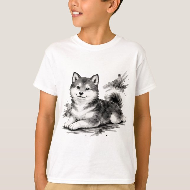 【Cute Husky Puppy Japanese Ink Art Kids T-Shirt】 T-Shirt (Vorderseite)