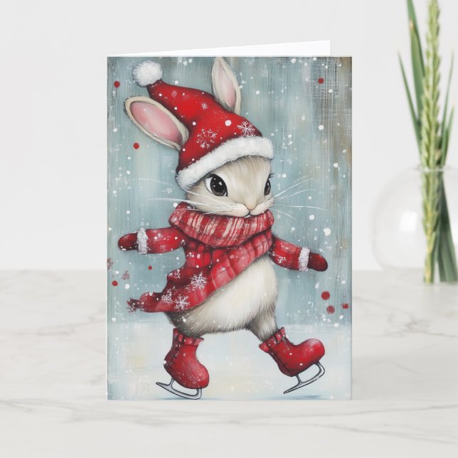 Cute Ice Skating Bunny Christmas Feiertagskarte (Vorderseite)