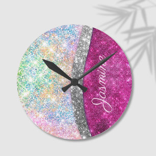 Cute iridescent pink silver faux glitter monogram runde wanduhr