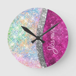 Cute iridescent pink silver faux glitter monogram runde wanduhr