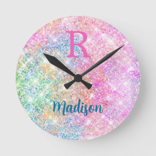 Cute iridescent unicorn pink faux glitter monogram runde wanduhr