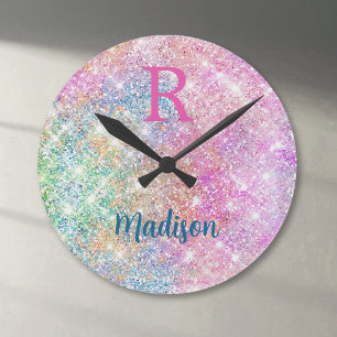 Cute iridescent unicorn pink faux glitter monogram runde wanduhr
