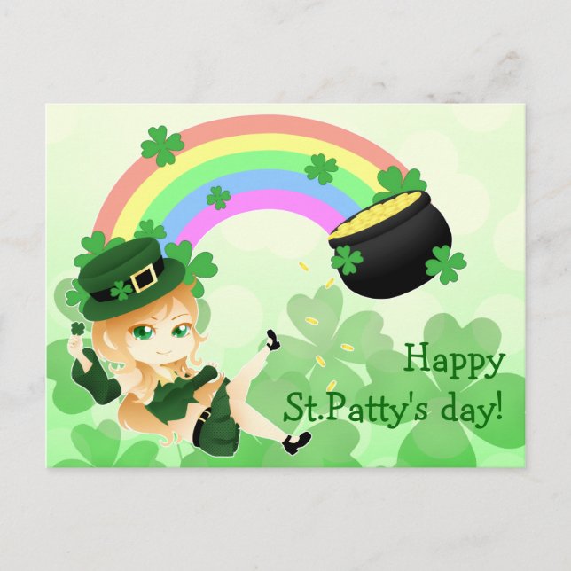 Cute Irish chibi leprechaun girl with pot of gold Postkarte (Vorderseite)