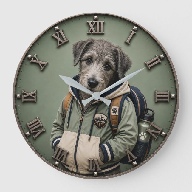 Cute Irish Wolfhound Puppy Große Wanduhr (Vorderseite)