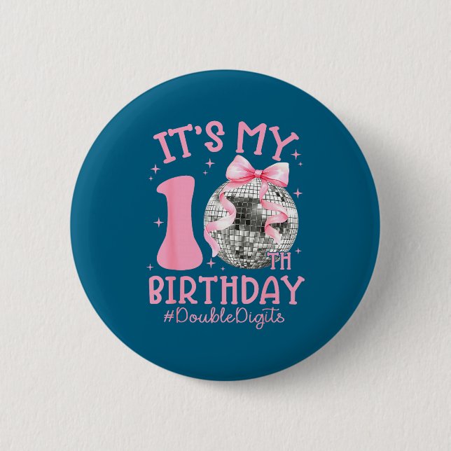 Cute It's My 10th Birthday Girl Coquette Bow Disco Button (Vorderseite)